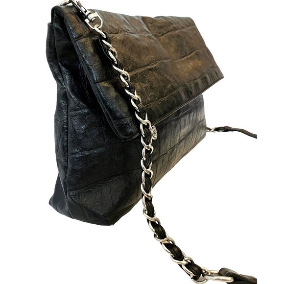 Nicole Miller Black Embossed PVC Leather Croc Zip Crossbody Bag Shoulder Purse - Picture 3 of 15